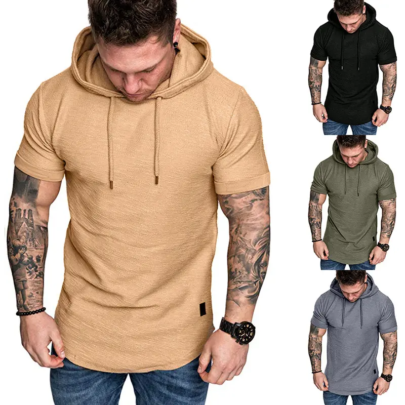 Camiseta informal plisada de manga corta con cuello redondo para hombre, sudaderas con capucha atléticas a la moda, jersey de Color sólido, sudadera deportiva