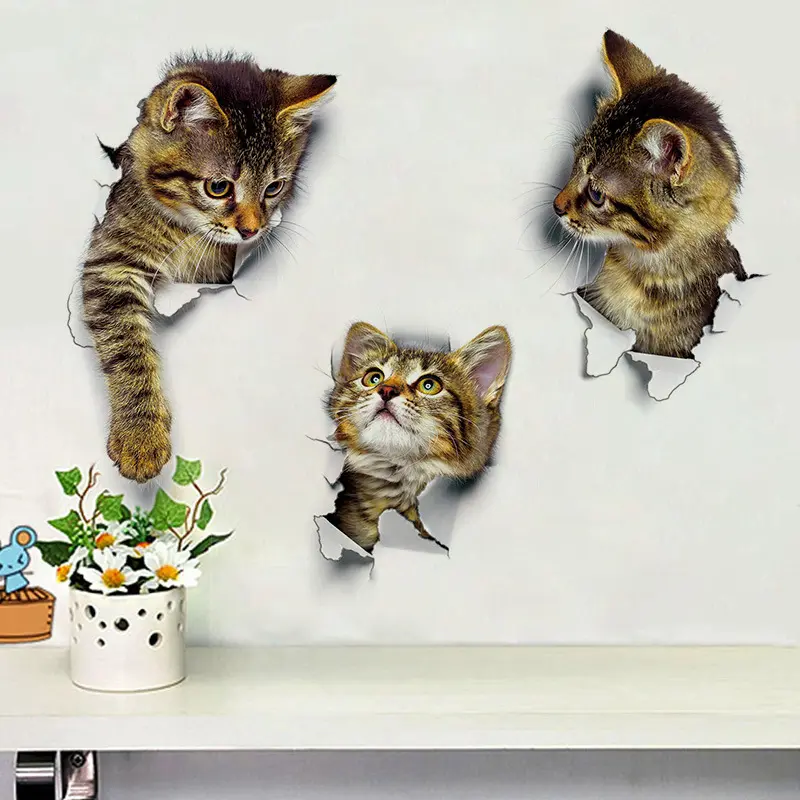 Grands Stickers Muraux Amovibles 3D de Décoration de Chat Mignon pour Chambre de Bébé, Toilette, Cuisine et Bureau