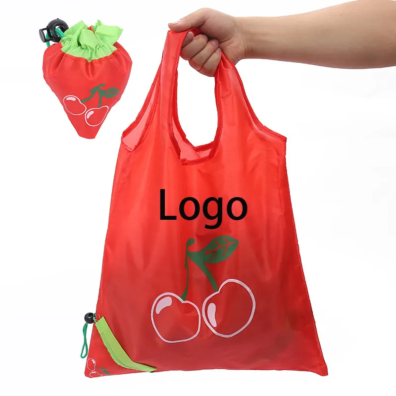Оптовая продажа, складная нейлоновая сумка с логотипом под заказ, многоразовая Складная Сумка-тоут из полиэстера с рисунком клубники и фруктов