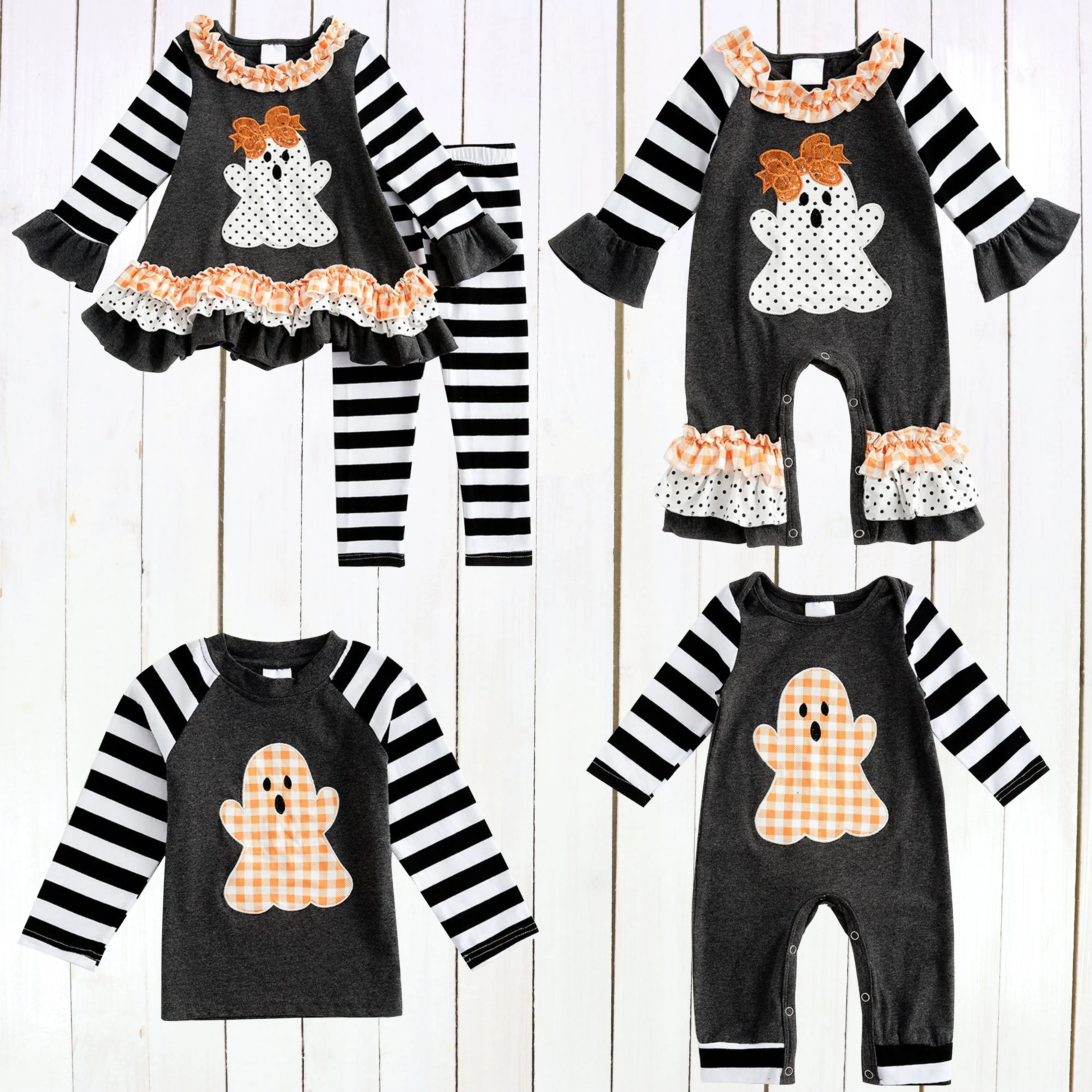 Petites filles et garçons ensemble de vêtements de haute qualité Halloween fantôme brodé enfants tenues avec dentelle bébé fille vêtements