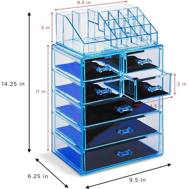 7 개의 서랍과 16 개의 칸막이가있는 도매 맞춤형 블루 아크릴 화장품 및 보석 보관 케이스 디스플레이