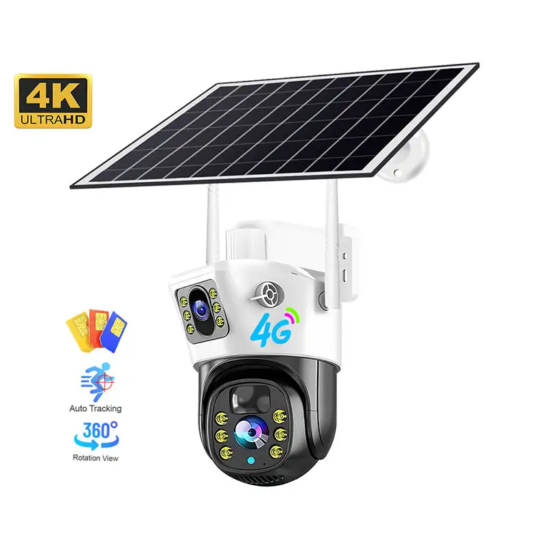 Telecamera a doppia lente per esterni 4K 4g gsm sim card solare cctv di sicurezza wireless 4g 8mp visione notturna ptz telecamera ip ad energia solare
