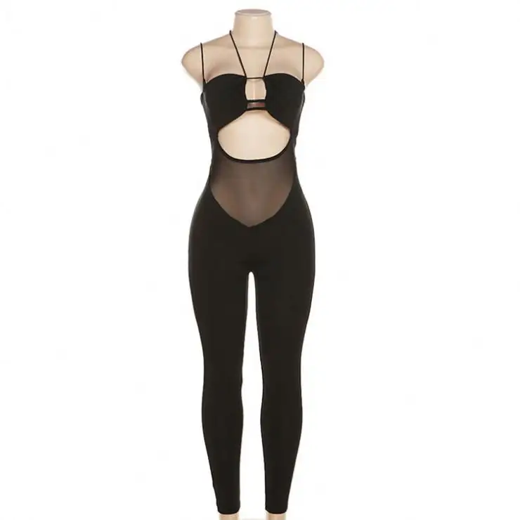 2024 New Sleeveless Sexy Hand Pattern Round Neck Perspective Mesh Jumpsuit