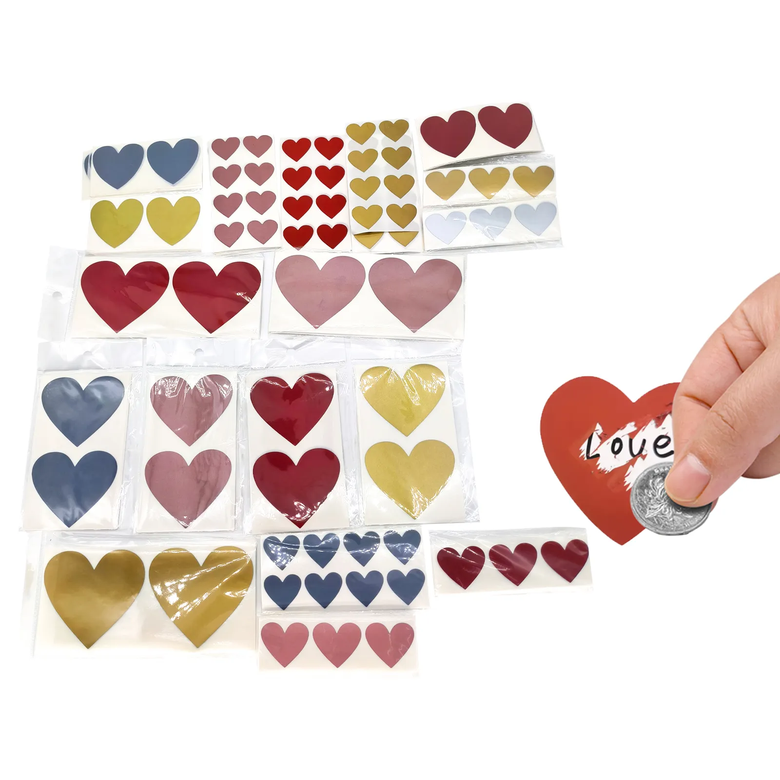 Etichette gratta e vinci a forma di cuore d'amore personalizzate vuote per il messaggio di nozze del gioco di casa della copertina del codice segreto