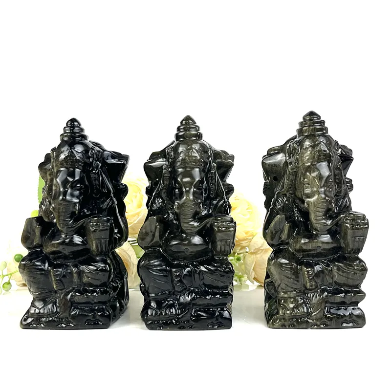 Toptan doğal kristaller şifa taşları el sanatları Ganesha heykeli altın obsidyen Ganesha dekorasyon için