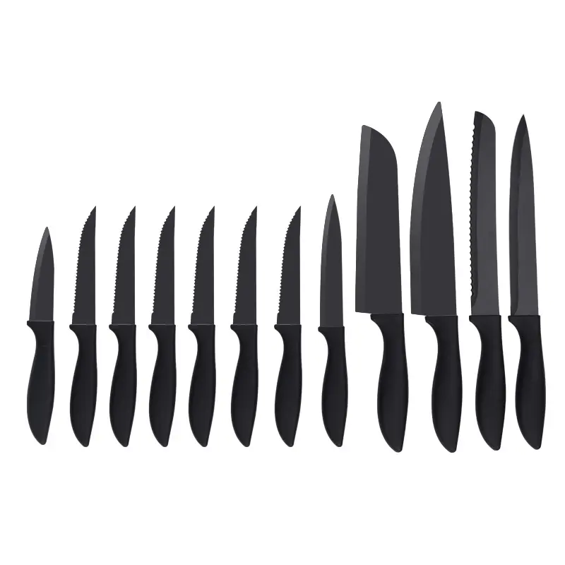 12 adet kaymaz plastik saplı bıçak seti paslanmaz çelik mutfak bıçakları ile biftek bıçağı