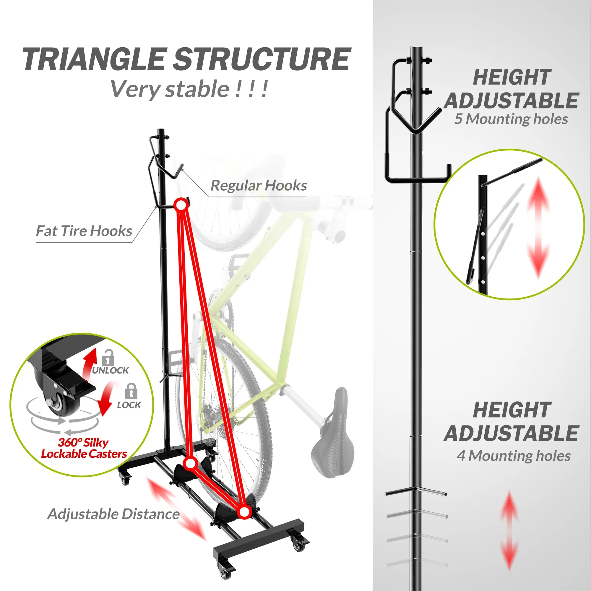 2024 nuovo appartamento verticale e orizzontale regolabile in altezza portabiciclette per MTB Road Bike, supporto per bici in posizione verticale