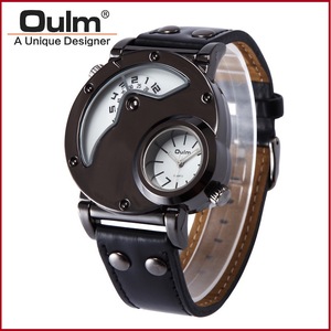 Oum hp9591 גברים שעונים תיק נירוסטה תיק פנים גדול פנים כפול אזורי זמן רצועת עור קוורץ שעונים לגברים מתנה נחמדה