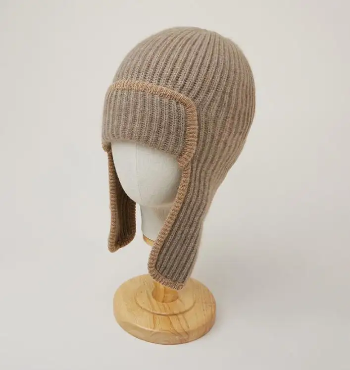 Cozy Ski Hat Cute Ears Warmers Knit Earflaps Chapéu para Mulheres Chapéu De Caxemira Com nervuras Ear-flap Cashmere Beanie