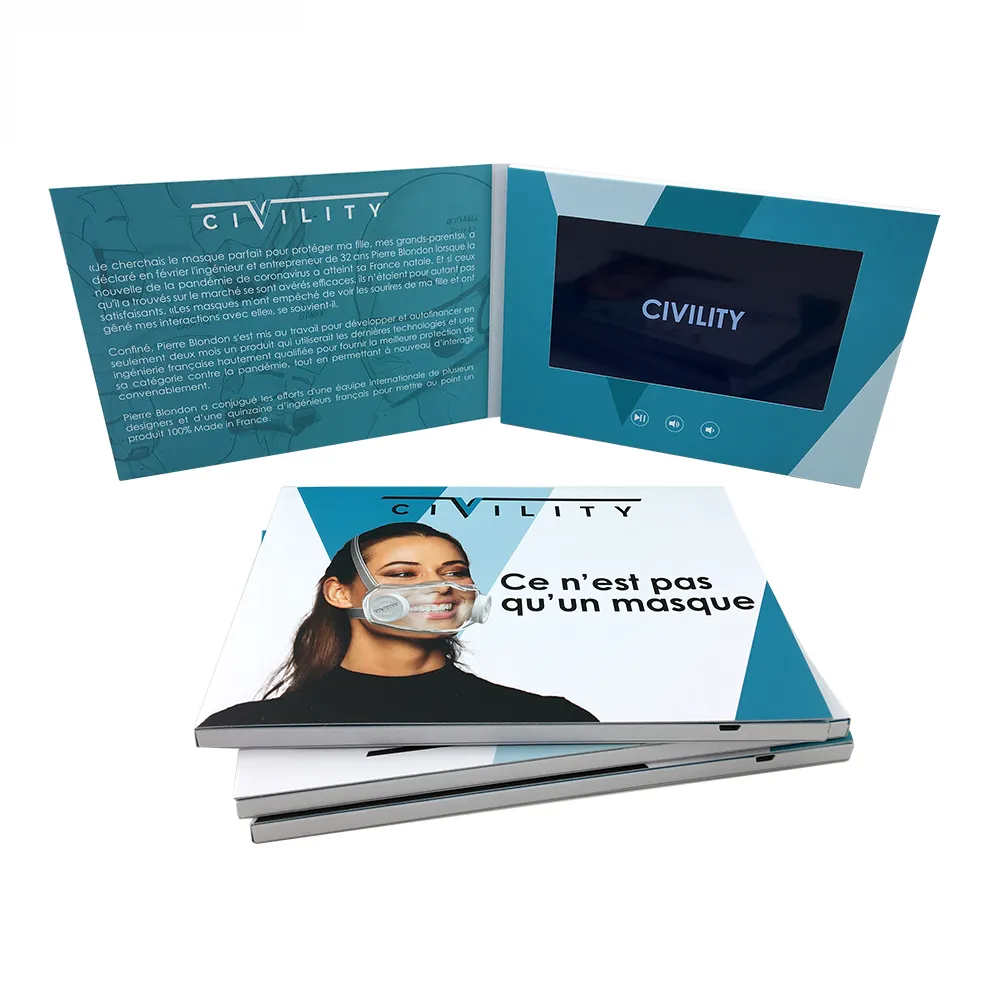 Design personalizzato video lcd da 7 pollici cartoline regalo di auguri digitali HD IPS schermo invito con A5 A5 carta per il marketing