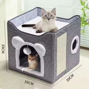 Toptan kedi evi çift katmanlı yaz kış katlanabilir yıkanabilir kedi mağara yatak Scratch kurulu ile sürdürülebilir özelliği
