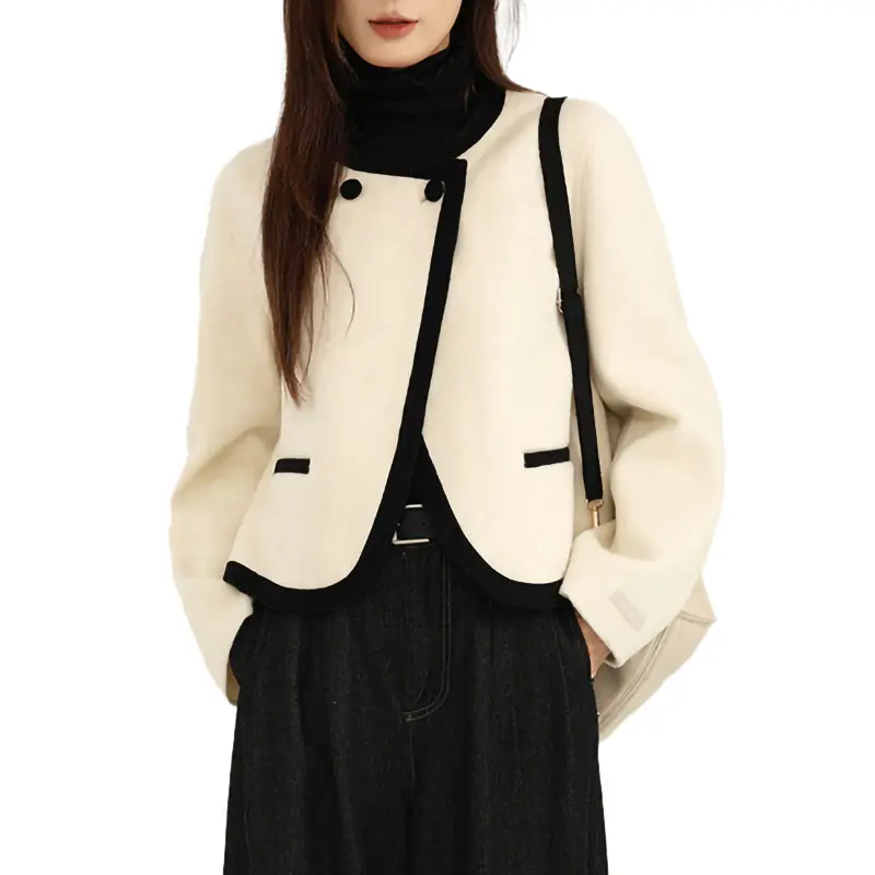 디자이너 크롭 재킷 여성 짧은 울 코트 패션 유행 양면 캐시미어 코트