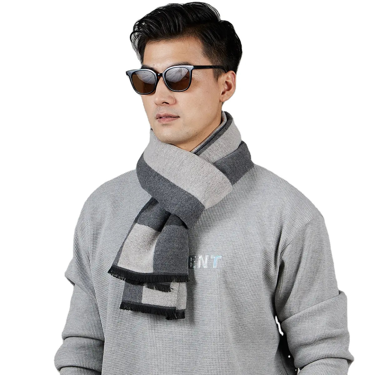 Bufanda de hombre simple y de moda OEM hecha en China bufanda a cuadros con flecos bufanda de invierno de mezcla de lana cálida para hombre