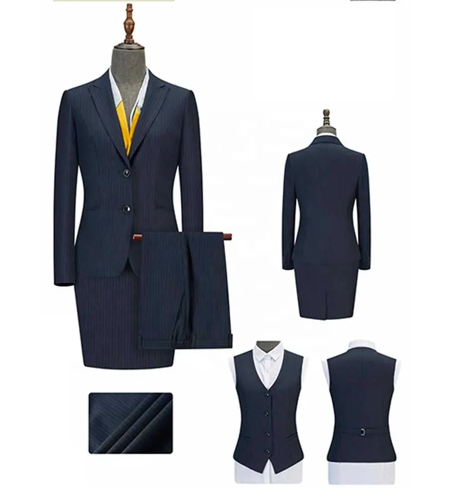 Women's Elite Office Formal Wear Navy Blue Striped Business Suit with Single Breasted Vest Trousers Skirt Brazed Fabric