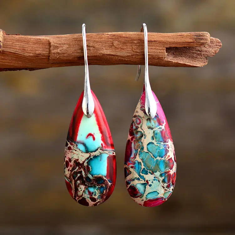YICAI Bohemian Colorful Natural Emperor Stone Chakra Earrings For Women Healing Yoga Emperor Stone Dangle Hook Earrings