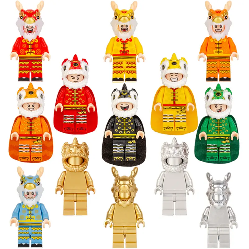 500-11 قطع لعب مكعبات بناء إبداعية MOC ألعاب على الطراز الصيني شكل أسد يرقص + تمثال تنين + دمية + ساحة بمشهد الشارع(NO.PA01362)