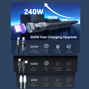 5A超快速充电C型电缆240W | 180弯曲5A快速充电C至C & L & Micro USB 3合1数据同步磁铁电缆