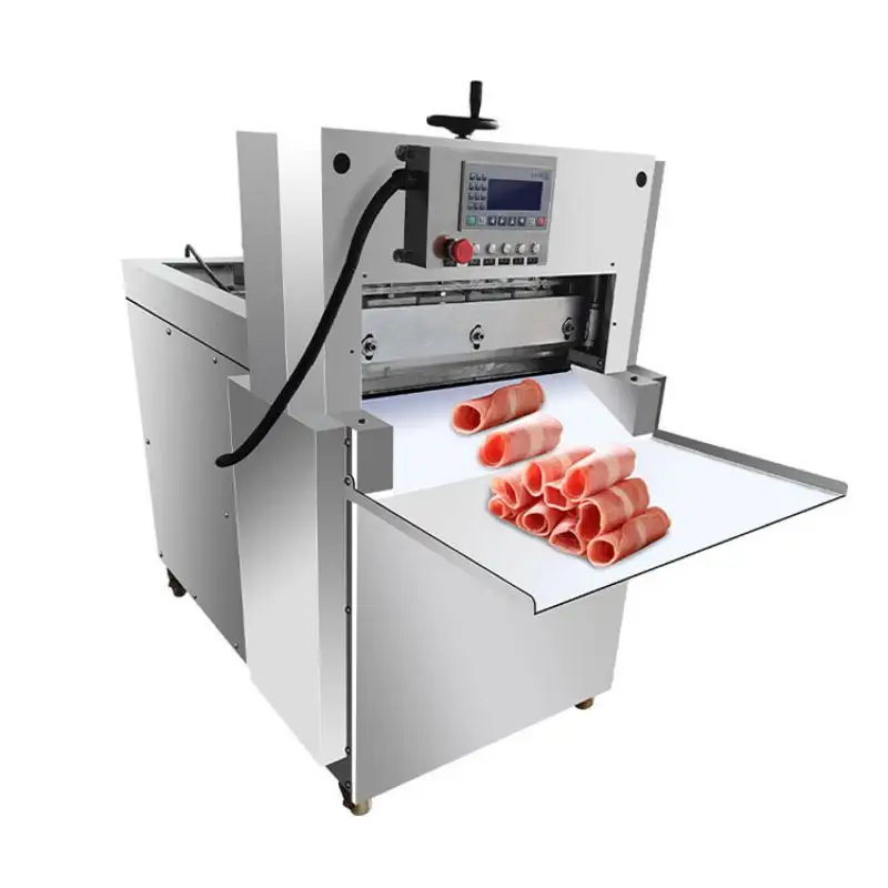 2024 thương mại thép không gỉ đầy đủ tự động CNC Lamb cuộn thịt xông khói Slicer cắt thịt đông lạnh máy cắt với băng tải