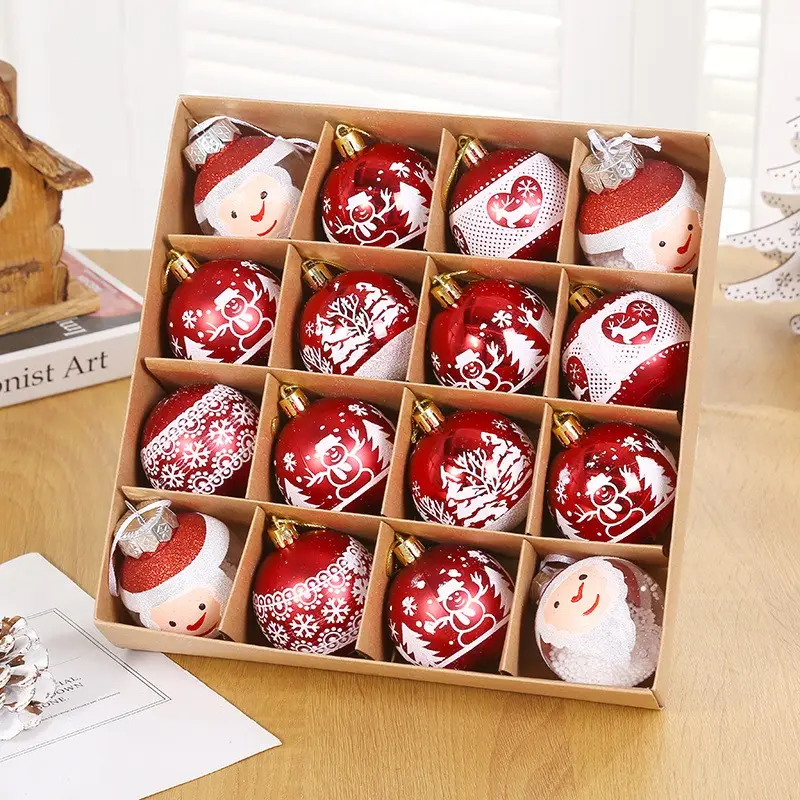 16 pezzi 6cm nuovi elementi a tema natalizio in plastica dipinta a mano appesa Set di palline di natale decorazioni appese all'albero di natale