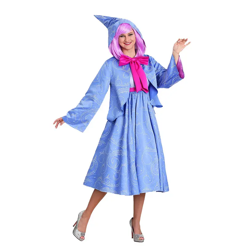 2024 nueva moda al por mayor elegante adulto juego de rol vestido azul Halloween mujer ropa princesa madrina Cosplay disfraz