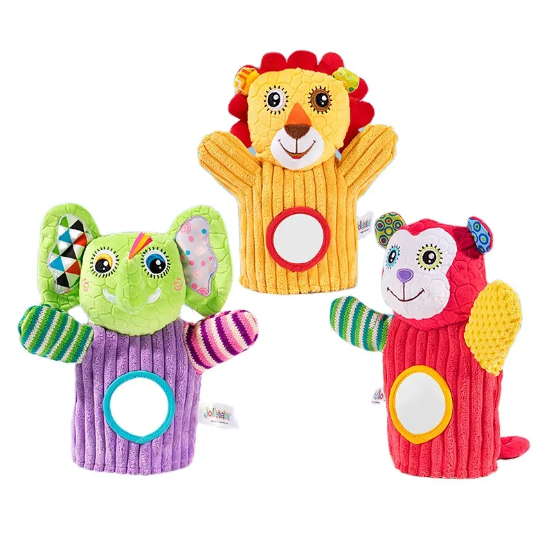 Jollybaby personalizado elefante León muñeco de peluche de juguete suave Animal de peluche marionetas de mano con espejo sonajero para niños