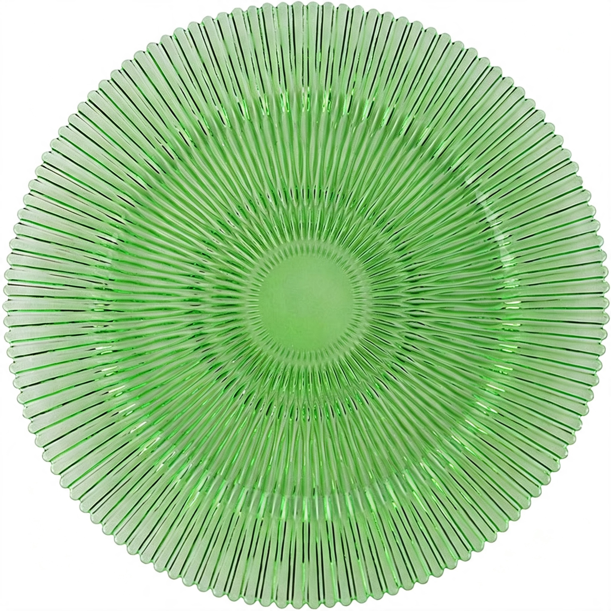 Assiette à dessert radiale en verre, vert gazon soleil.