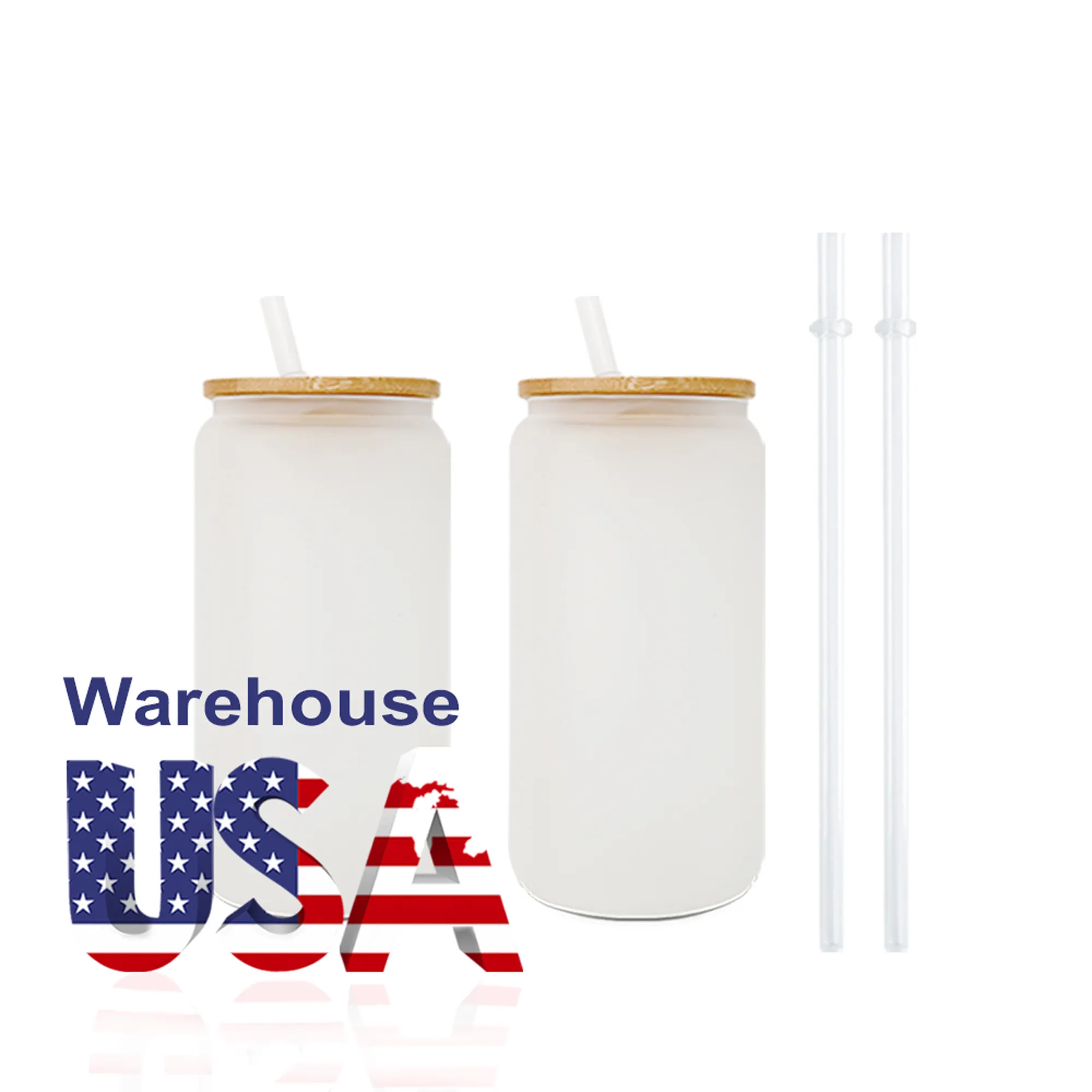 USA Warehouse 12oz 16oz 20oz 25oz Sublimation Blanks Frosted Clear Beer Glass Can Cups with Bamboo Lid and Straw