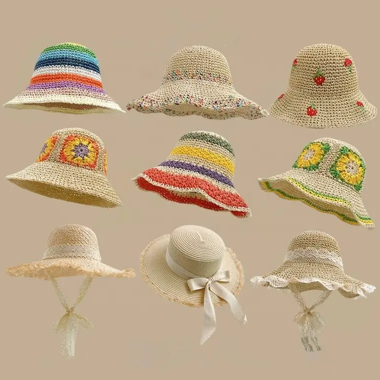 Daily Casual Ladies Knitted Sunscreen Summer Sun Hats 26 Estilos Sombrero de cubo de paja de papel natural Patrón de ganchillo