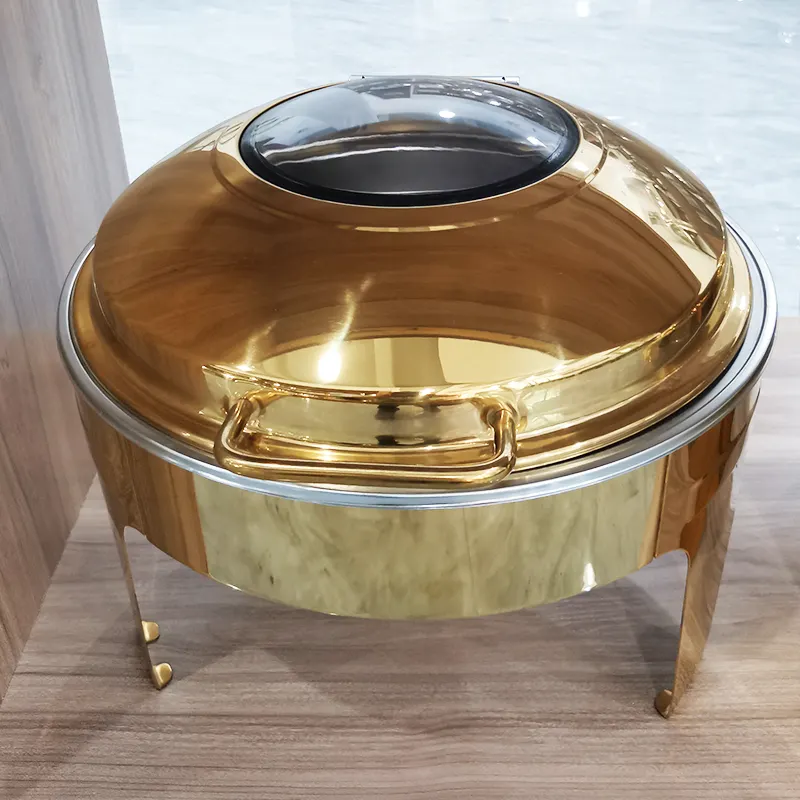 Scaldavivande moderno in acciaio inossidabile attrezzature per servire a Buffet Catering 6l Gold Round Alcohol stufa scaldavivande in vendita