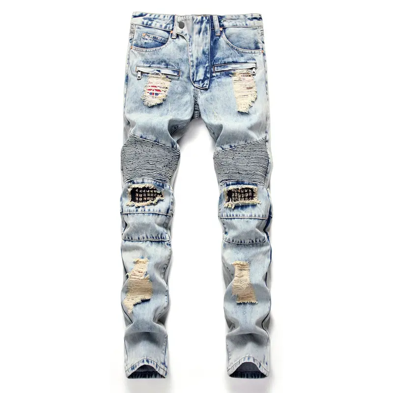 Jeans da uomo alla moda Jeans con fiocchi di neve fritta Jeans da uomo nostalgici Patch bandiera americana rivetto al ginocchio pantaloni da uomo Jeans