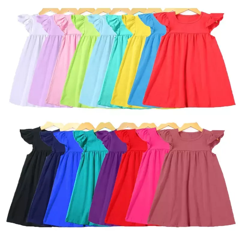 Ready To Ship Children Boutique Clothing Kids Clothes Solid Color 95% cotton casual girls' summer pearls dresses