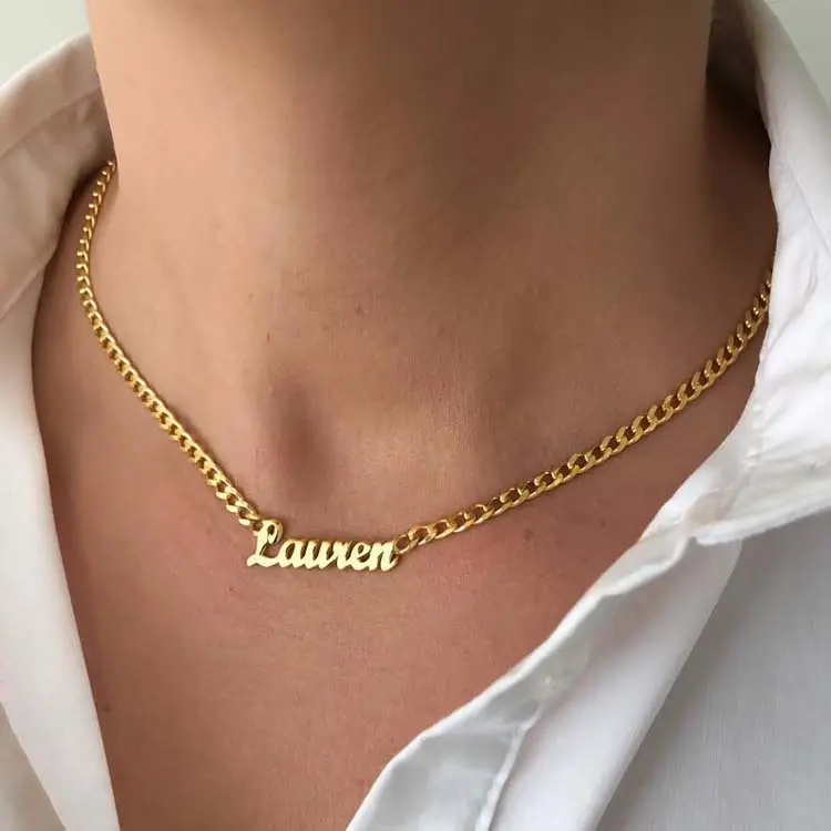 Collar de cadena de eslabones cubanos con nombre personalizado, de acero inoxidable, chapado en oro, para mujeres y niñas