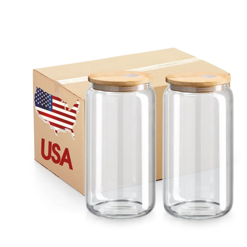 Usa Warehouse botol air beku bening lurus 16 Oz cangkir Tumbler kaleng kaca sublimasi dengan tutup kayu