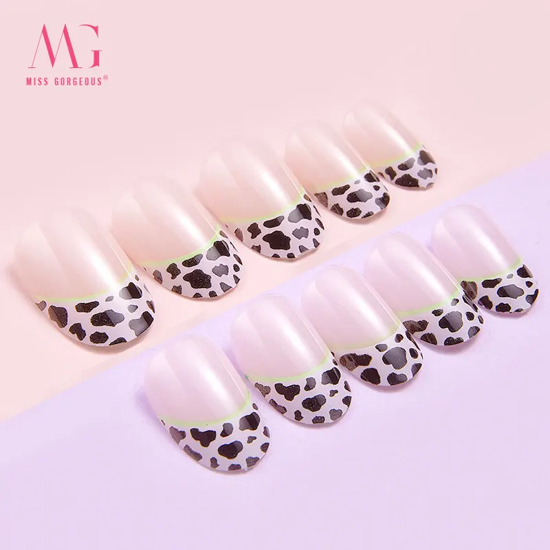 Leopard Print short round french tip acrylic press on nails with glue custom logo oval shape fake nails wholesale price