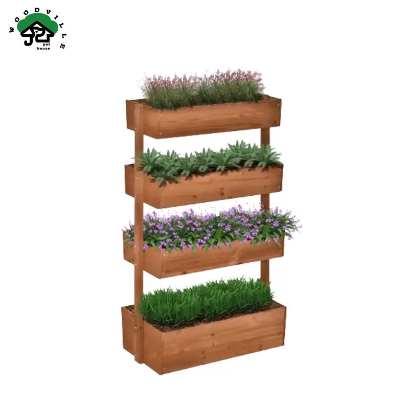 WoodVille Planta extra grande 4 niveles Independiente Elevado de madera Vertical Rack Cama de jardín elevada