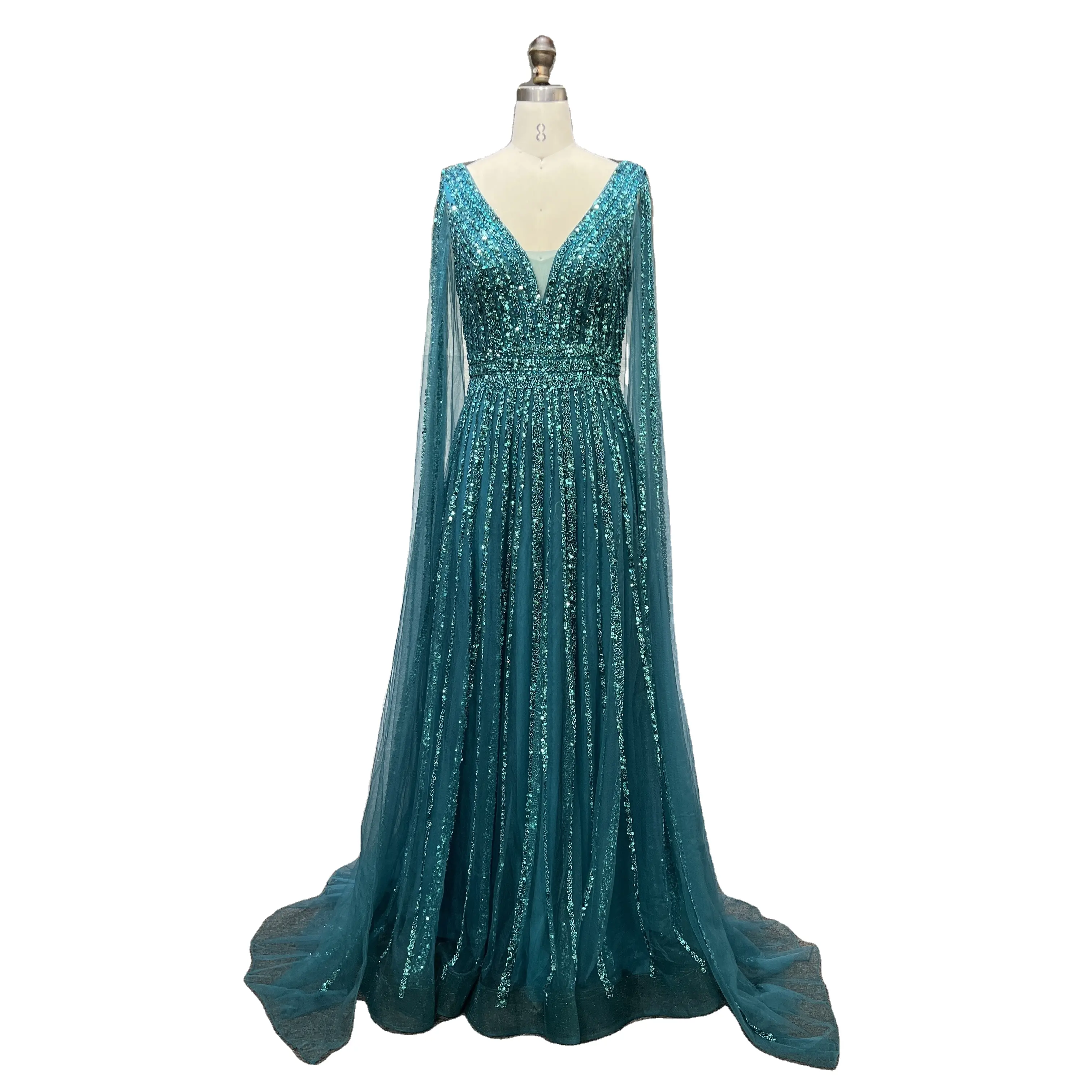 2022 Luxury Beaded V Neck Cape Sleeves A-line Evening Gown for Women Formal Party Dresses Full Natural OEM Service Tulle Adults