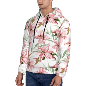 新款男士套头衫运动衫粉色百合花3D刺绣长袖连帽衫舒适服装