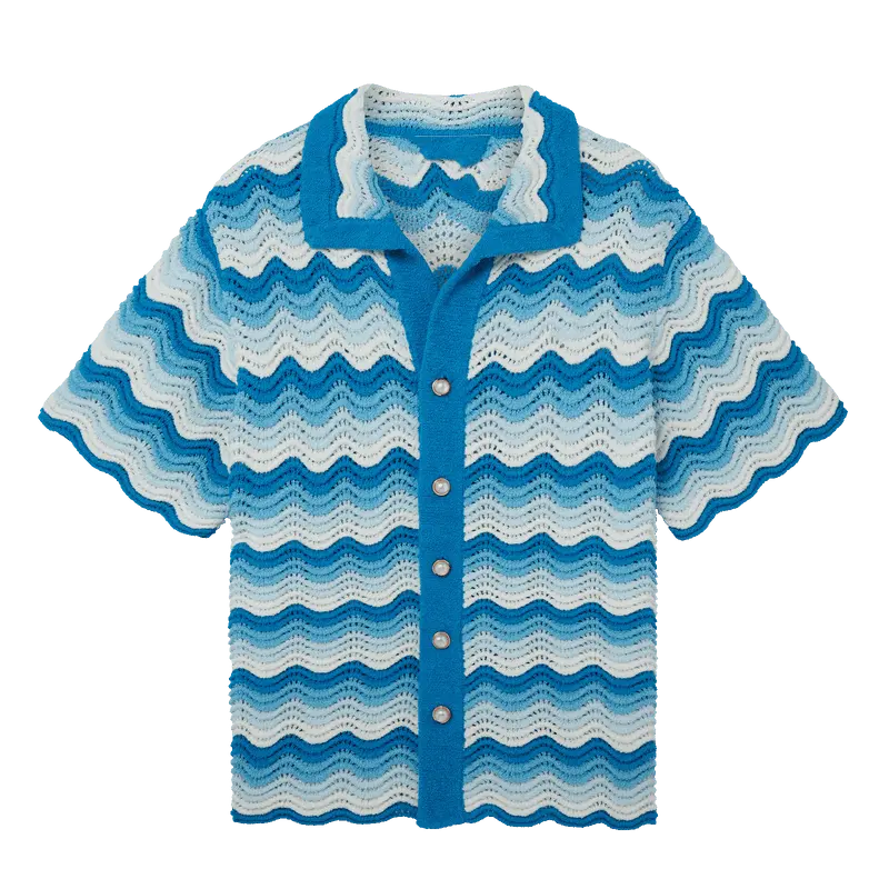 قميص صيفي للرجال منقوش ومزين بشعار مخصص قميص بولو مفرغ من القماش الشبكي قميص كروشيه سويتر