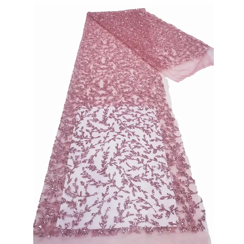 Fábrica de tecido de renda, rosa dourado nupcial colado glitter miçangas tecido de renda noiva
