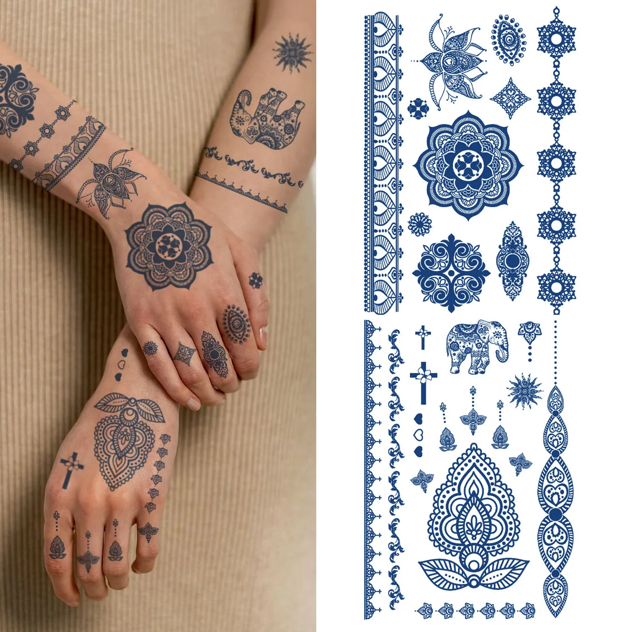 Sexy Saft Tinte Schwarz-Blau Farbe Mandala Semi permanente Tattoo Aufkleber Wasserdicht Indien Spitze Fake Henna Tattoo Dauerhaft 7-15 Tage