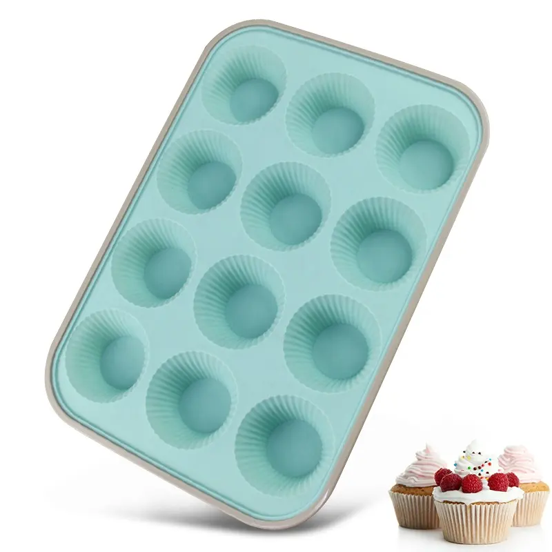 Molde de silicone antiaderente com 12 copos, molde para bolo assar, bandeja redonda de muffin para cupcake, antiaderente, em estoque