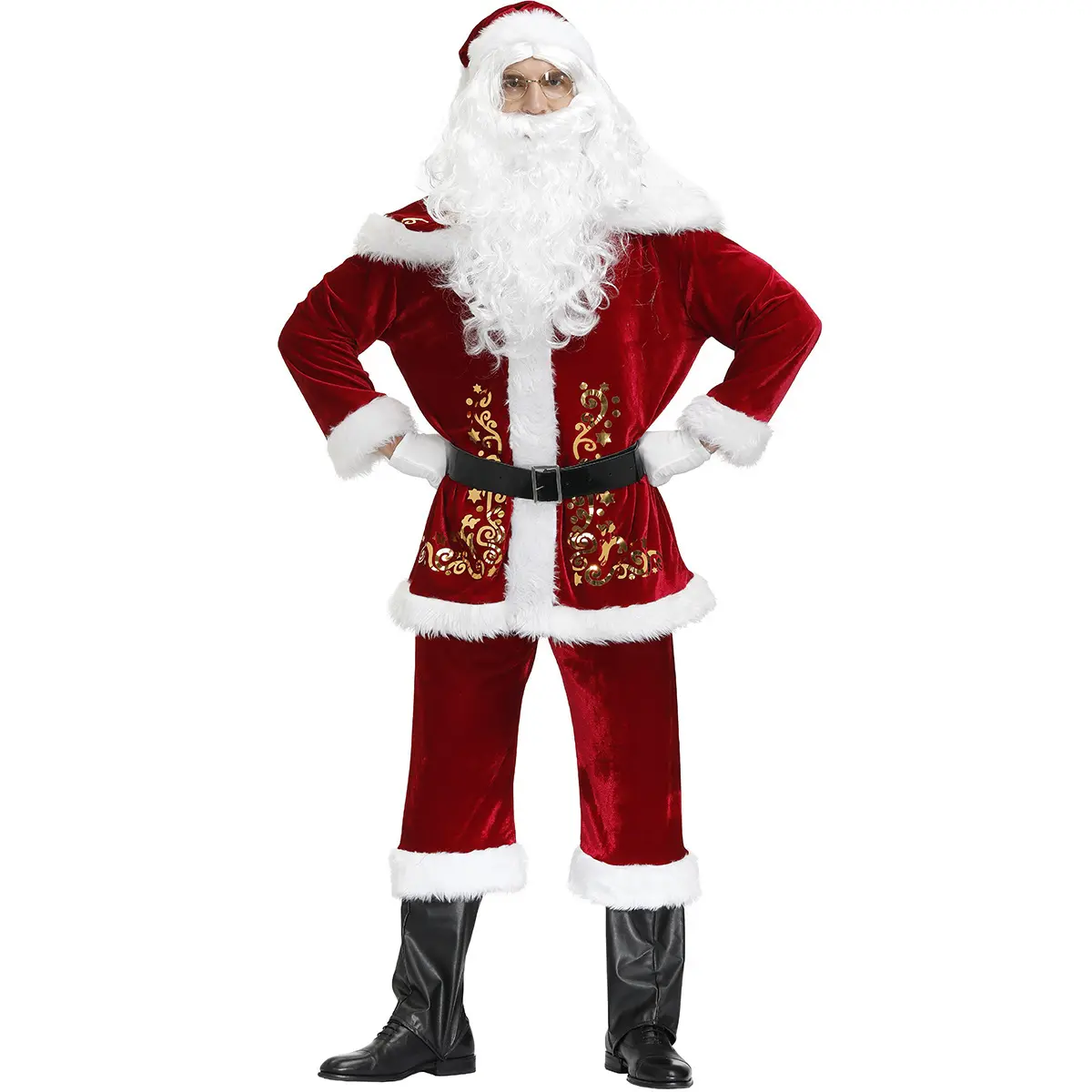 Costume di natale da uomo Costume da babbo natale da uomo stampato vestito di natale cappello scialle Top pantaloni cintura stivali guanto parrucca da barba Set