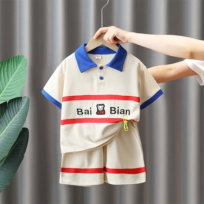 2024 children's clothing wholesale summer cotton men's POLO shirt short sleeve shorts two sets