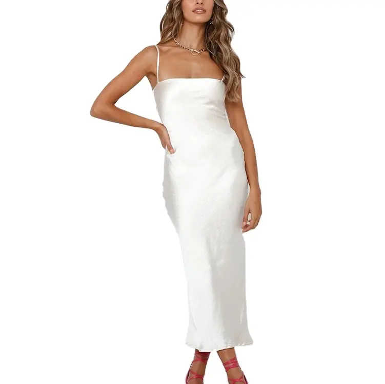 Personalizado Mulheres Vestido de Seda Branca De Cetim Spaghetti Strap Magro Cocktail Backless Bandage Deslizamento Elegante Sexy Partido Midi Vestido