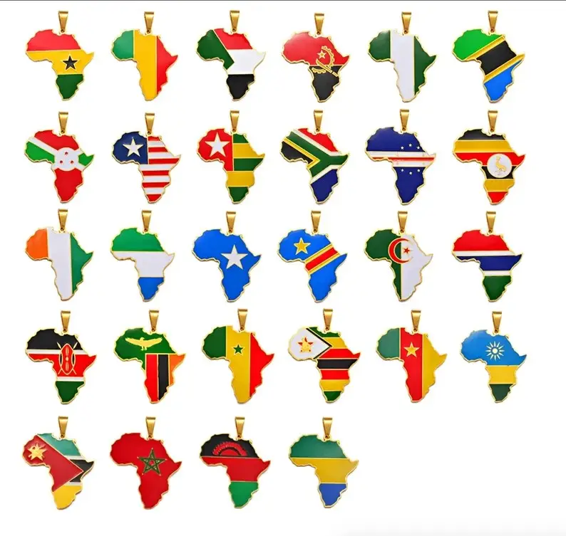 خريطة أفريقية مطلية بالذهب عيار 18, خريطة أفريقية مطلية بالذهب عيار 18 ، مع دول ، علم ، إفريقيا ، خريطة ، علم ، كاميرون ، إندونيسيا ، كينيا ، الكونغو ، غامبيا ، قلادة ساحل العاج