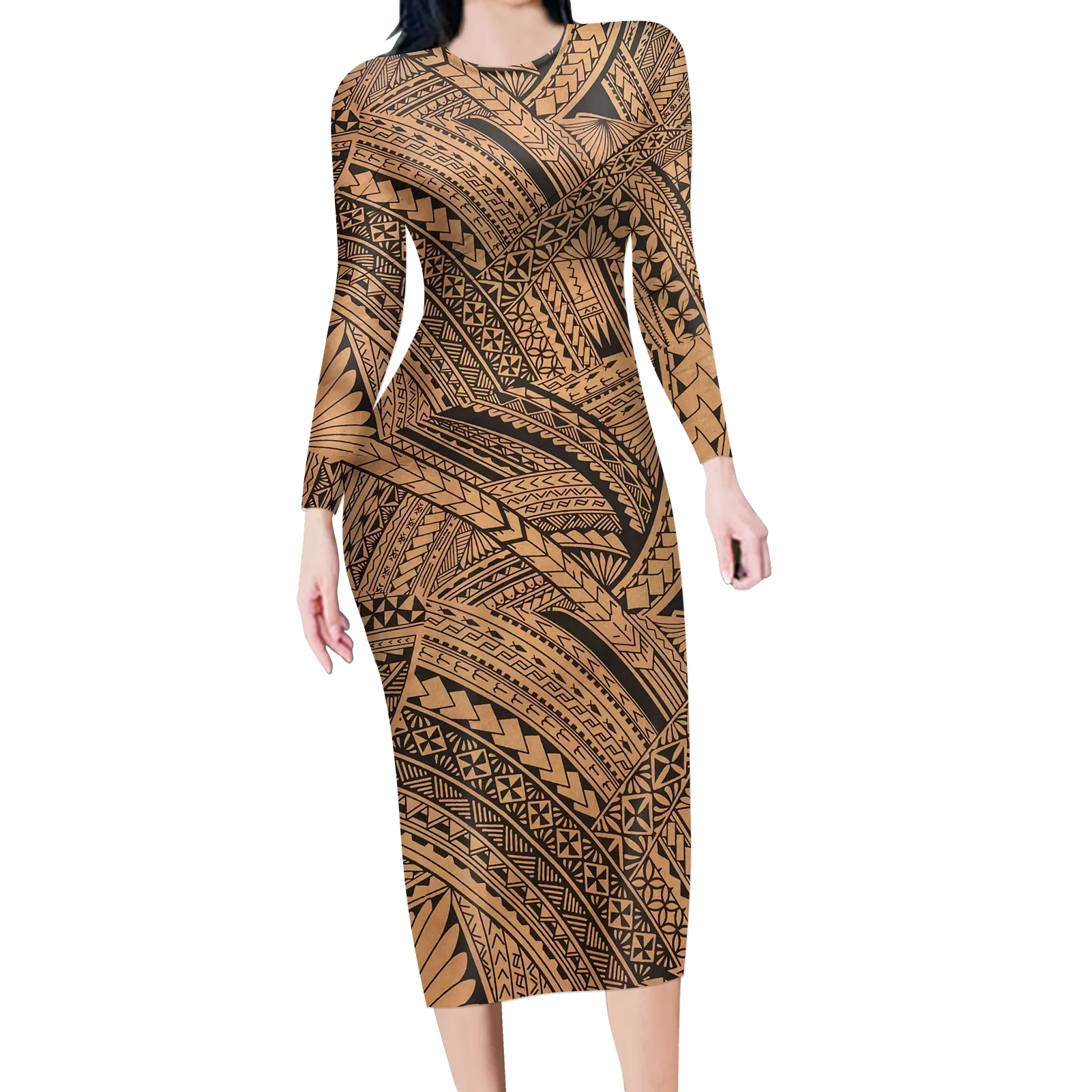 도매 꽃 4XL 큰 크기 여자 긴 소매 우아한 형식적인 빈티지 드레스 Polynesian Samoa 부족 스타일 인쇄 여성 드레스