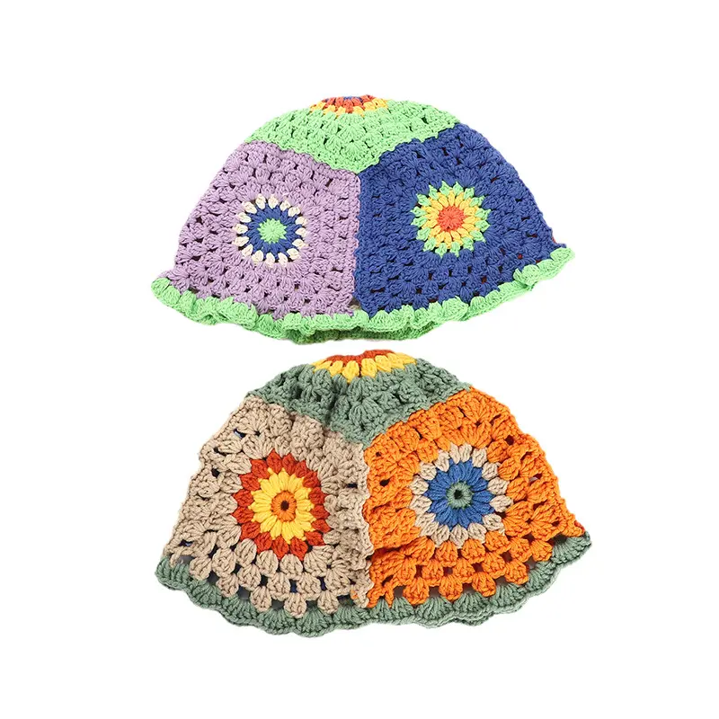 高品質春秋カラフルニットバケツ帽子女性花デザイン手作りアクリルかぎ針編みニット帽