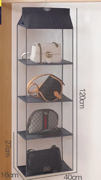 Sac de rangement suspendu gris à 4 niveaux, modèle tridimensionnel.