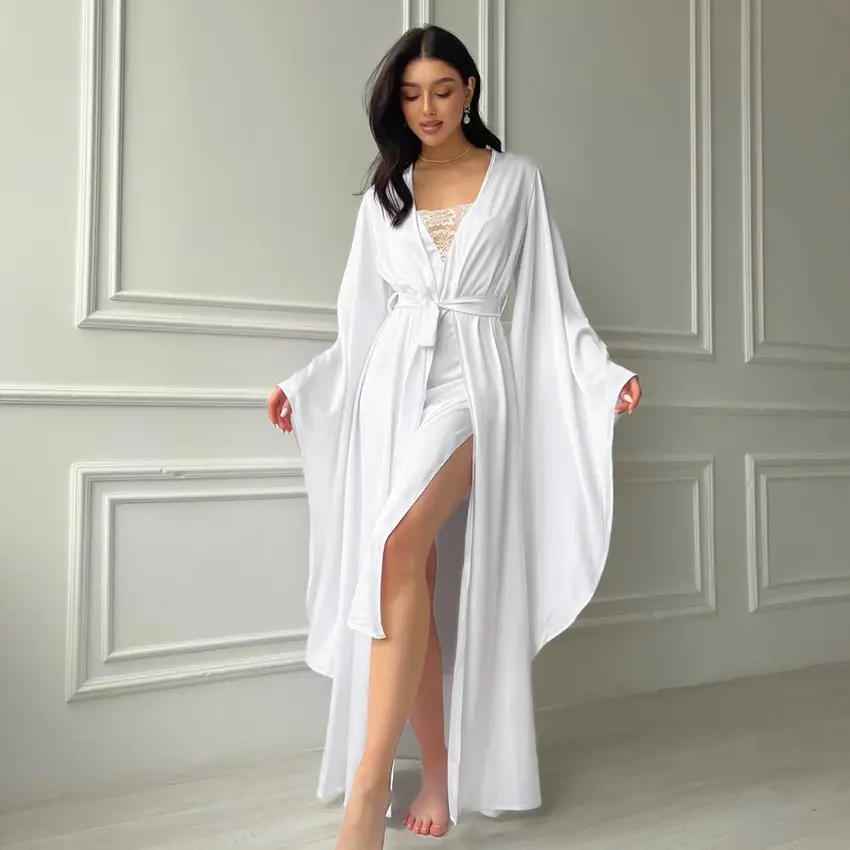 Chemise de nuit en dentelle blanche, col en V, maille, fente haute, 2 pièces, robes de nuit élégantes avec robes pour femme Sexy