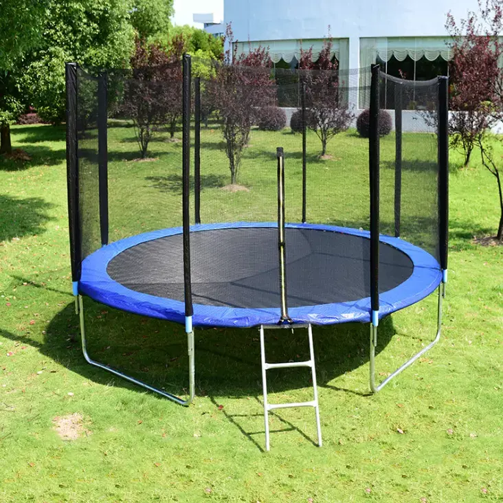 Trampolín recreativo para exteriores, red de seguridad con escalera, aro de baloncesto, precio de venta de fábrica, 14 pies